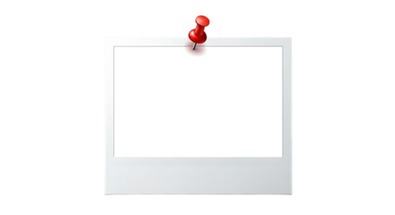 Blank instant photo frame with a red push pin isolated on transparent background, perfect for adding your own picture or message, creating a personalized keepsake