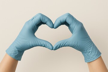Fototapeta premium Gloved Hands Forming Heart Shape on Neutral Background