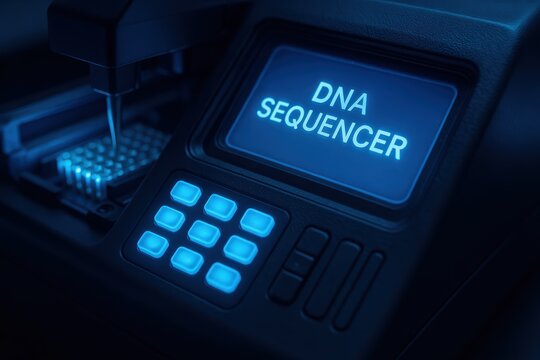 Close-Up of DNA Sequencer Machine with Blue Light