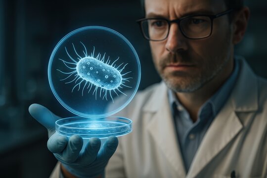 Scientist Holding Holographic Bacteria in Petri Dish