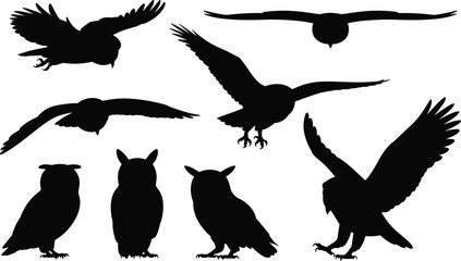 Silhouette of owls flying and sitting, bird collection illustration, nocturnal wildlife concept, predator bird symbol, nature and animal design