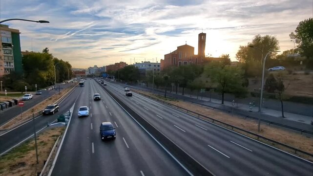 The A-42 motorway, which runs from Toledo to Madrid, entering Madrid in the morning, Madrid, Spain, Europe