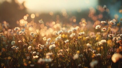wide open field of flowers gently moving in wind, soft golden light and bokeh, dreamy cinematic atmosphere, serene and inspirational classical music