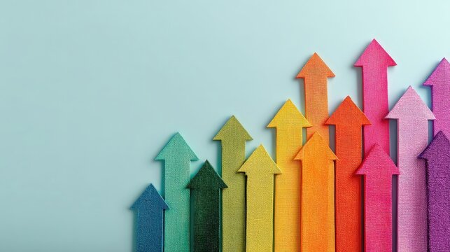 Una vibrante hilera de flechas de colores asciende sobre un fondo azul celeste.