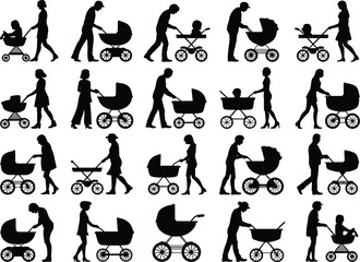 Silhouette parents pushing baby stroller, mother and father walking with pram, family care concept, parenting vector design illustration