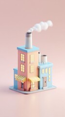 Fototapeta premium Colorful factory illustration with smoke, pastel colors, and architectural design.