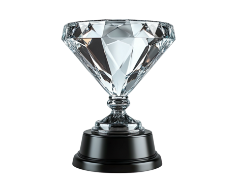 Shining faceted diamond cup trophy on pedestal base, isolated