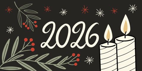 2026 Happy New Year Greeting Card Vector Background &ndash; Candle Number Design with Sparkling Fire on Black, Festive Holiday Poster, Invitation, and Celebration Banner