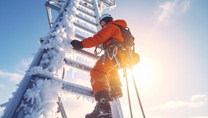 Cell Tower Inspector Climbing Icy Structure with Safety Harness