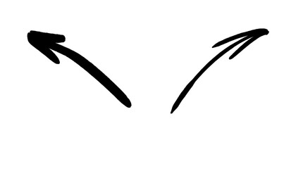Set of two black hand-drawn arrows pointing diagonally upward, isolated on transparent background. Curved sketch arrows for notes, highlights, or creative design. PNG