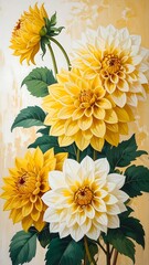 Vibrant, yellow and white dahlias against a textured beige background