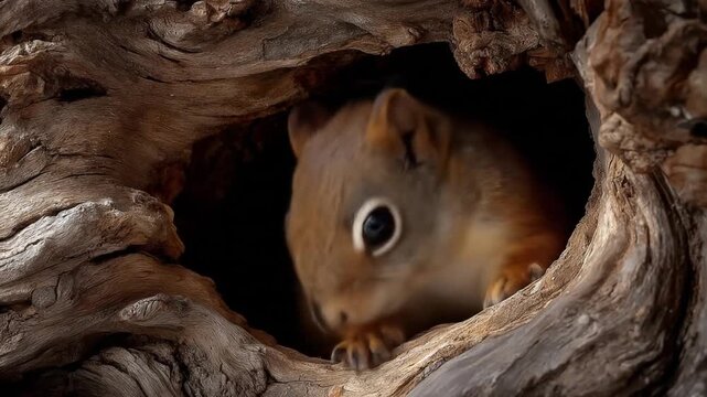 Curious squirrel peeking from a tree hollow with natural lighting