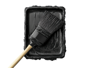 Paintbrush rests in a tray of black paint, casting stark shadows