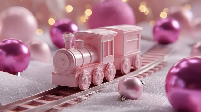Un tren rosa brillante viaja sobre ra&iacute;les en un paisaje nevado rodeado de adornos navide&ntilde;os.