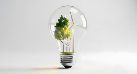 Eco-friendly lightbulb with a growing tree and wind turbine inside, symbolizing renewable energy and sustainability
