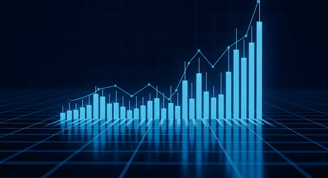 Futuristic financial chart with glowing blue bars and a line graph on a digital grid, symbolizing business growth, economic data, and stock market analysis