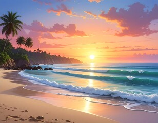 Vivid sunset over a tropical beach with palm trees and waves
