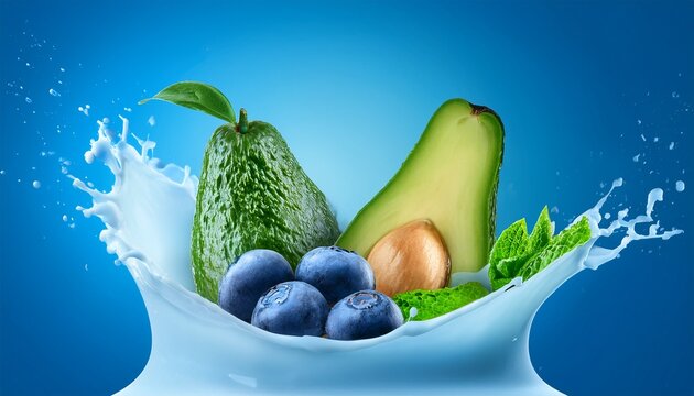 avocado mint leafs and blueberries splashing into blue cream on bright blue background dynamic close up shot healthy and fresh ideal for marketing materials
