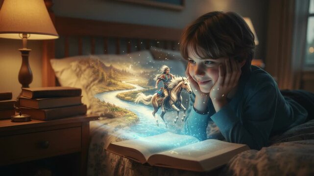 White boy in pajamas reading fantasy book in cozy bedroom at night with magical glowing knight on horseback coming to life from the pages. Concept of childhood imagination, bedtime stories, and the ma