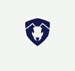 A navy blue ant head illustration is centered within a shield shape against a clean, white background, created in a simple, flat design style, evoking a sense of