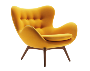 Mustard-colored wingback armchair with button tufting and sleek wooden legs