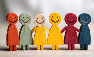 A row of colorful wooden figures, each with a happy face, stand together, holding hands, conveying a message of unity and friendship.