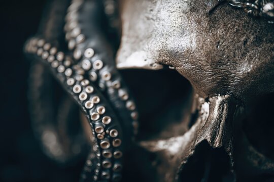 Primer plano de una cala de pulpo contra un fondo oscuro, evocando misterio y profundidad oce&aacute;nica.