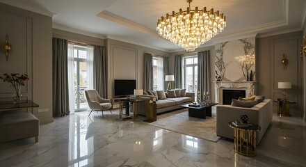 Luxurious Living Room Interior - Elegant Chandelier, Marble Floor, and Sophisticated Decor.