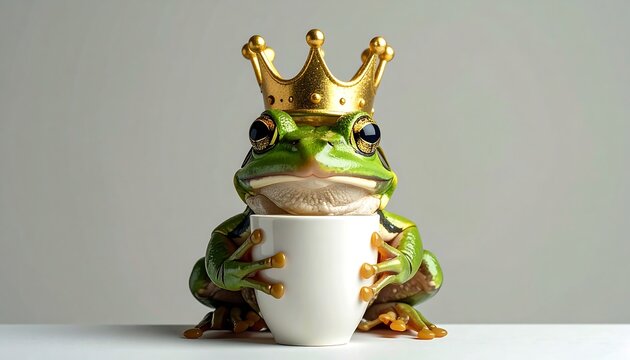A green frog wearing a golden crown, holding a white teacup against a light grey background, appearing regal and relaxed