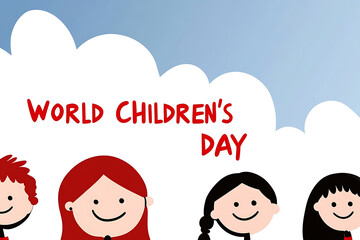 Illustration celebrating World Children's Day with diverse cartoon children and a cheerful sky background. A celebration of youth and happiness.