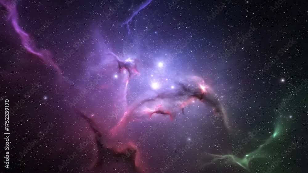 Wall mural Colorful Nebula in Space - A vibrant and colorful nebula is depicted, with flowing abstract shapes and a backdrop of countless stars.