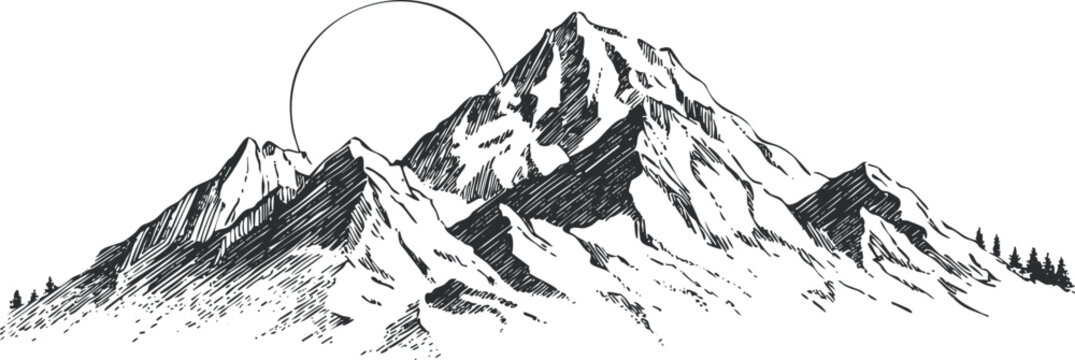 Black and white illustration of mountains with the sun in the background, showcasing a serene landscape.