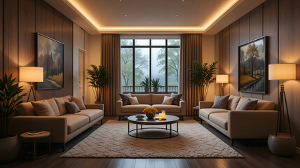Fototapeta premium Symmetrical Luxury Living Room with Recessed Ceiling Lighting, Neutral Tan Sofas, Wood Paneling, and Large Central Window, Great for High-End Real Estate, Interior Design, and Home Comfort Concepts
