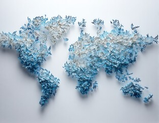 A detailed world map, crafted from intricate, layered paper cutouts, showcasing delicate blue and white patterns.