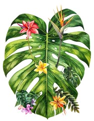 Watercolor tropical arrangement featuring monstera leaf and vibrant flowers