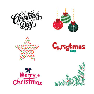 Christmas Ornaments and Typography Elements with Festive Decorations. Vector Illustration.