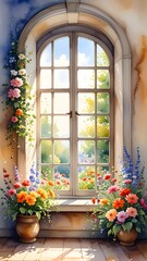Watercolor window with flowers, overlooking a garden scene