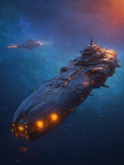 Obraz premium Una imponente nave espacial oscura emerge de la negrura del espacio, iluminada por un resplandor naranja.