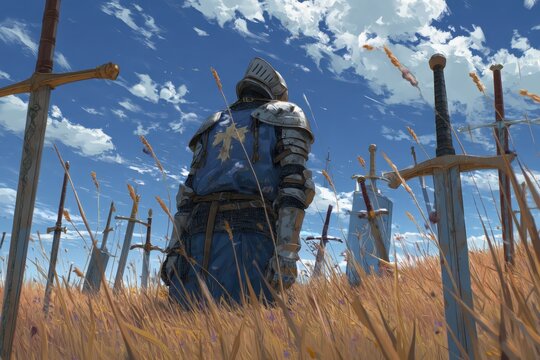 Un caballero abatido se arrodilla entre un campo de espadas, simbolizando la p&eacute;rdida y el sacrificio.