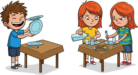 Children dining together, cartoon kids eating, tableware interaction, happy mealtime, food preparation, family meal concept, playful kitchen scene, educational illustration