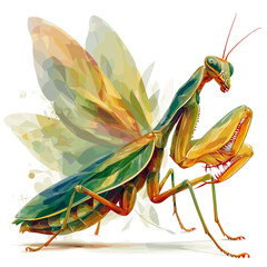 Colorful abstract praying mantis illustration with vibrant wings  