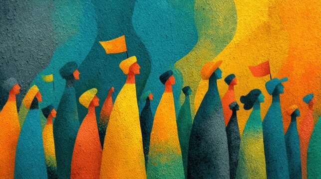 Abstract illustration of Indians celebrating Mathematics Day or Ramanujan Jayanti, tricolor flag in background, festive crowd