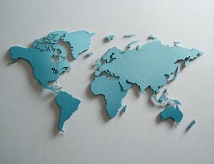 A light teal world map, rendered in a three-dimensional effect, sits on a light gray surface, displaying continents in a textured, sculpted style.