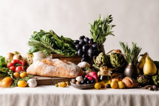 Una generosa composición de alimentos frescos y vibrantes, evocando la riqueza de la cocina mediterránea.