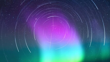 Colorful aurora borealis glowing beneath a night sky full of rotating star trails - Powered by Adobe