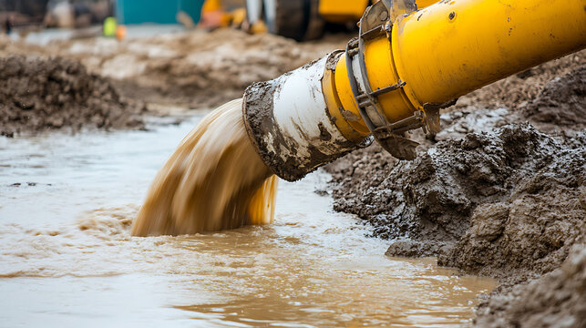 Dewatering process with large yellow hose expelling muddy water into a construction site. Water flows into a pool, creating a dynamic visual of industrial work