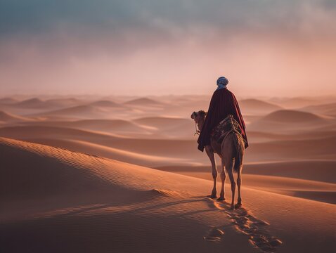 A nomad and their camel journey across rolling sand dunes, captured as a dramatic silhouette against the warm, golden light of a desert sunset.