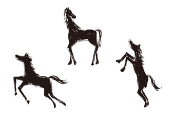 年賀状 デザイン用　馬の手書き和風筆イラストセット　シルエット