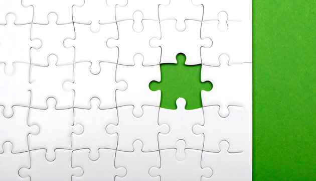 A mostly-assembled white jigsaw puzzle with one piece missing, revealing a vibrant green background. A solid green vertical strip is on the right - Powered by Adobe