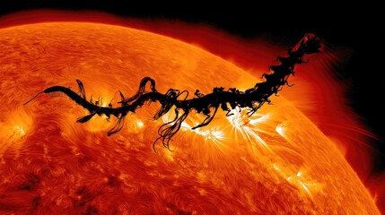 Imagen de una erupción solar capturada por un telescopio espacial, mostrando una compleja interacción de campos magnéticos y plasma.